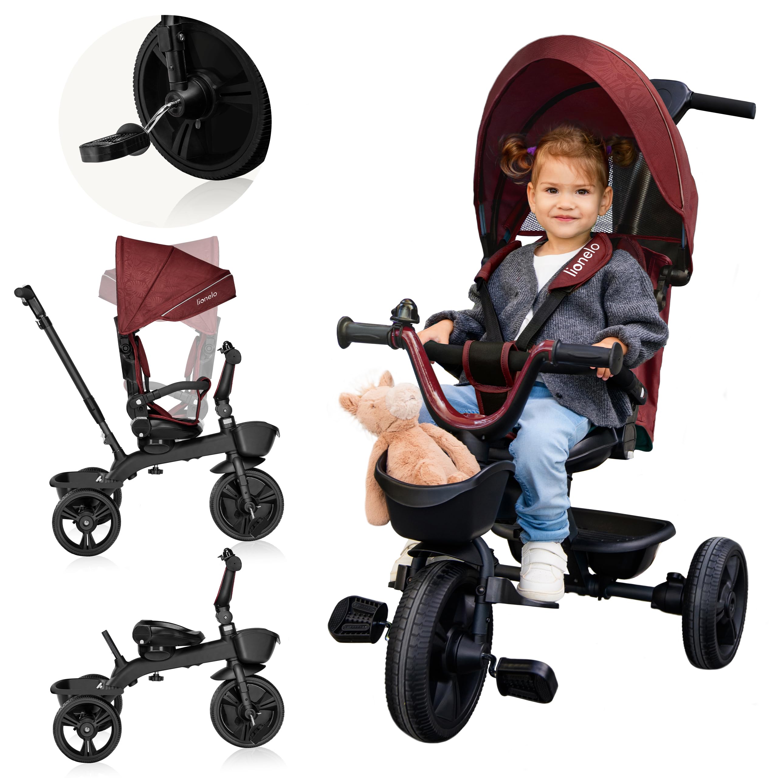 LIONELO Kori 2in1 Pushchair Three wheeler for Kids from 18 months to 5 years up to 25 kg Tricycle/Stroller Bike with Parent steering control, 360-deg swivel seat Harness Canopy Bucket Bag Cup Holder
