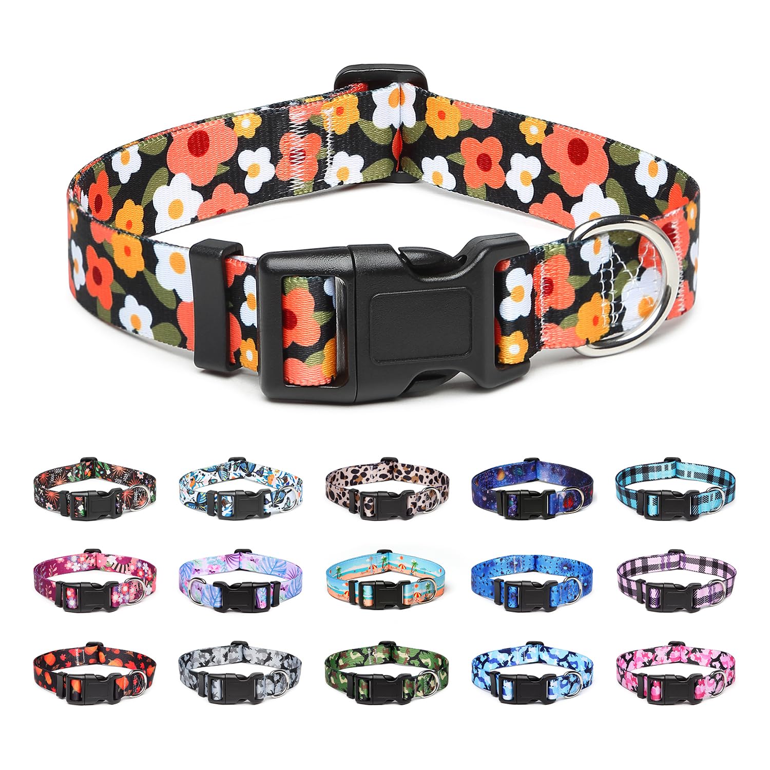 Suredoo Adjustable Dog Collar with Patterns, Ultra Comfy Soft Nylon Breathable Pet Collar for Small Medium Large Dogs (M, Floral Orange)