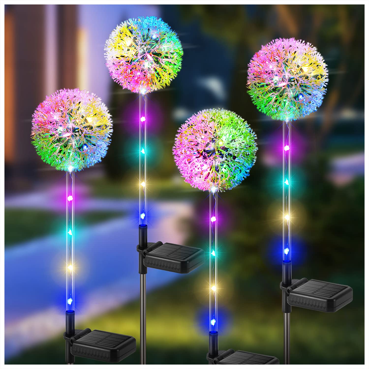 BUCASA Solar Lights Outdoor Garden, 4 Pack Dandelion Garden Lights with 16 Colourful LEDs, Waterproof Solar Flower Lights for Lawn Yard Garden Ornaments Outdoor Christmas Decorations