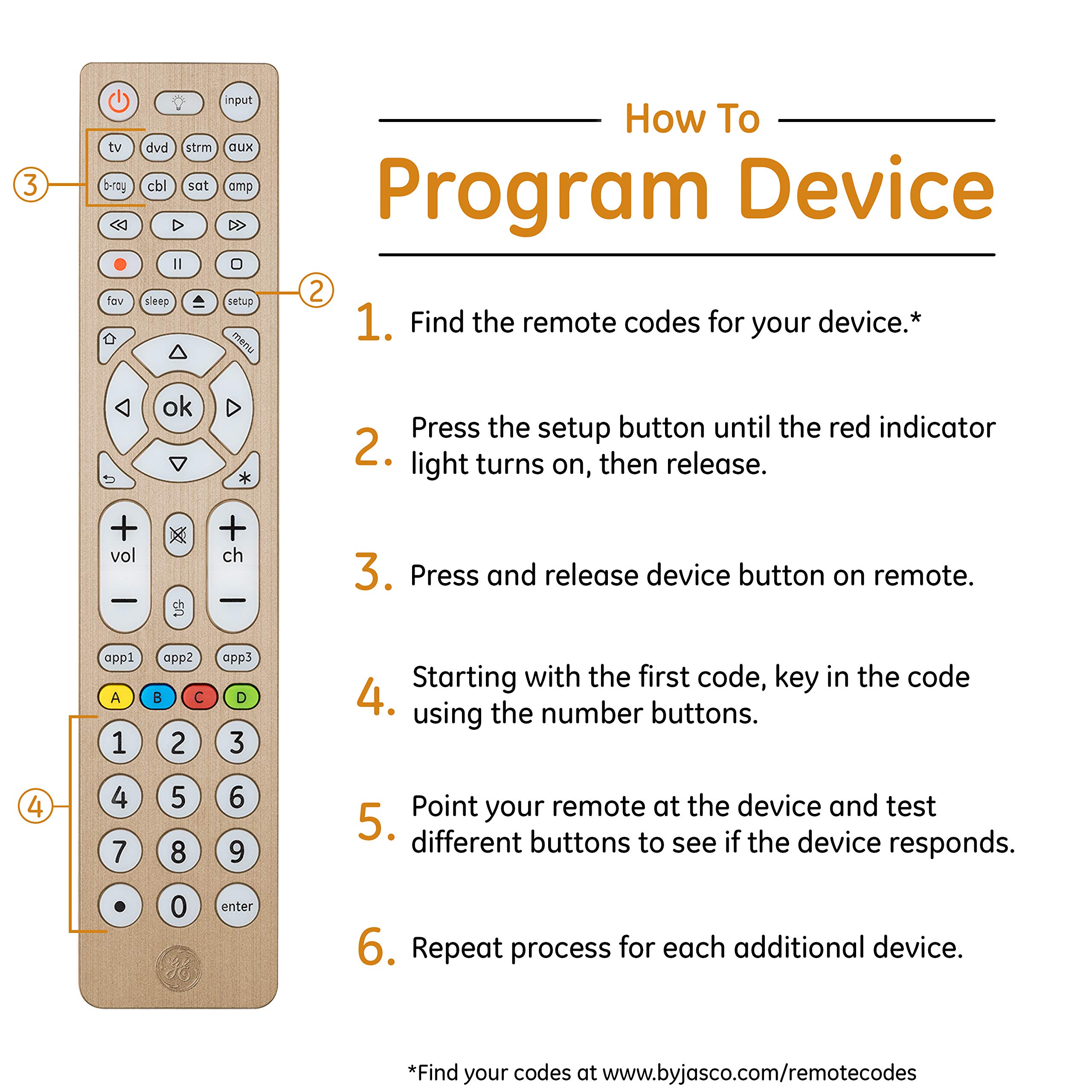 GE Universal Remote Control, Universal TV Remote for Roku TV, Samsung, Vizio, LG, Sony, Sharp, Roku, Apple TV, TCL, Panasonic, Smart TVs, Streaming Players, Blu-ray, DVD, 4-Device, Gold, 47509