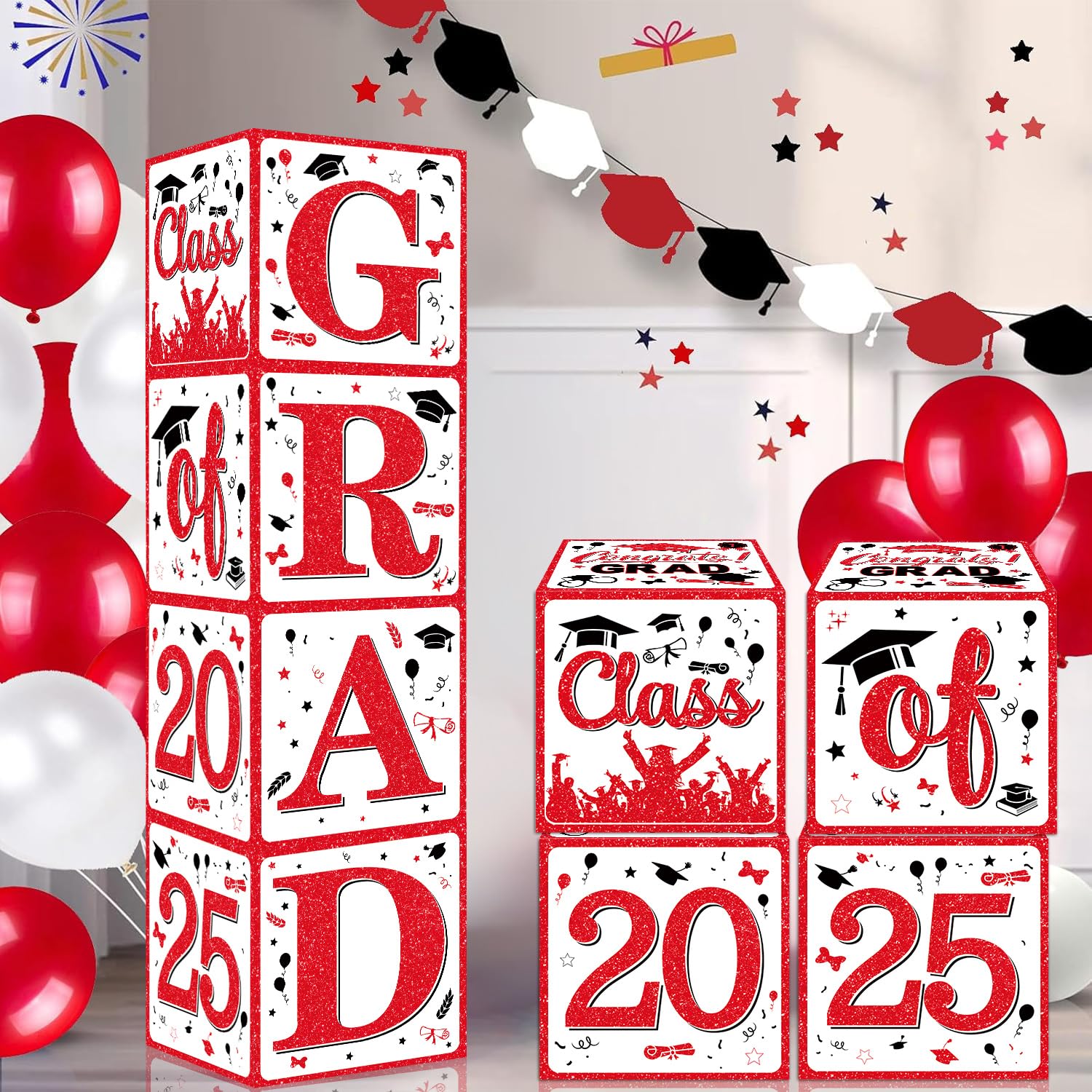 Photo 1 of 2025 Graduation Decorations Balloon Boxes 4Pcs Red and Black Graduation Party Decorations with Letters Grad and Class of 2025 for Congrats Grad Balloon Decor
