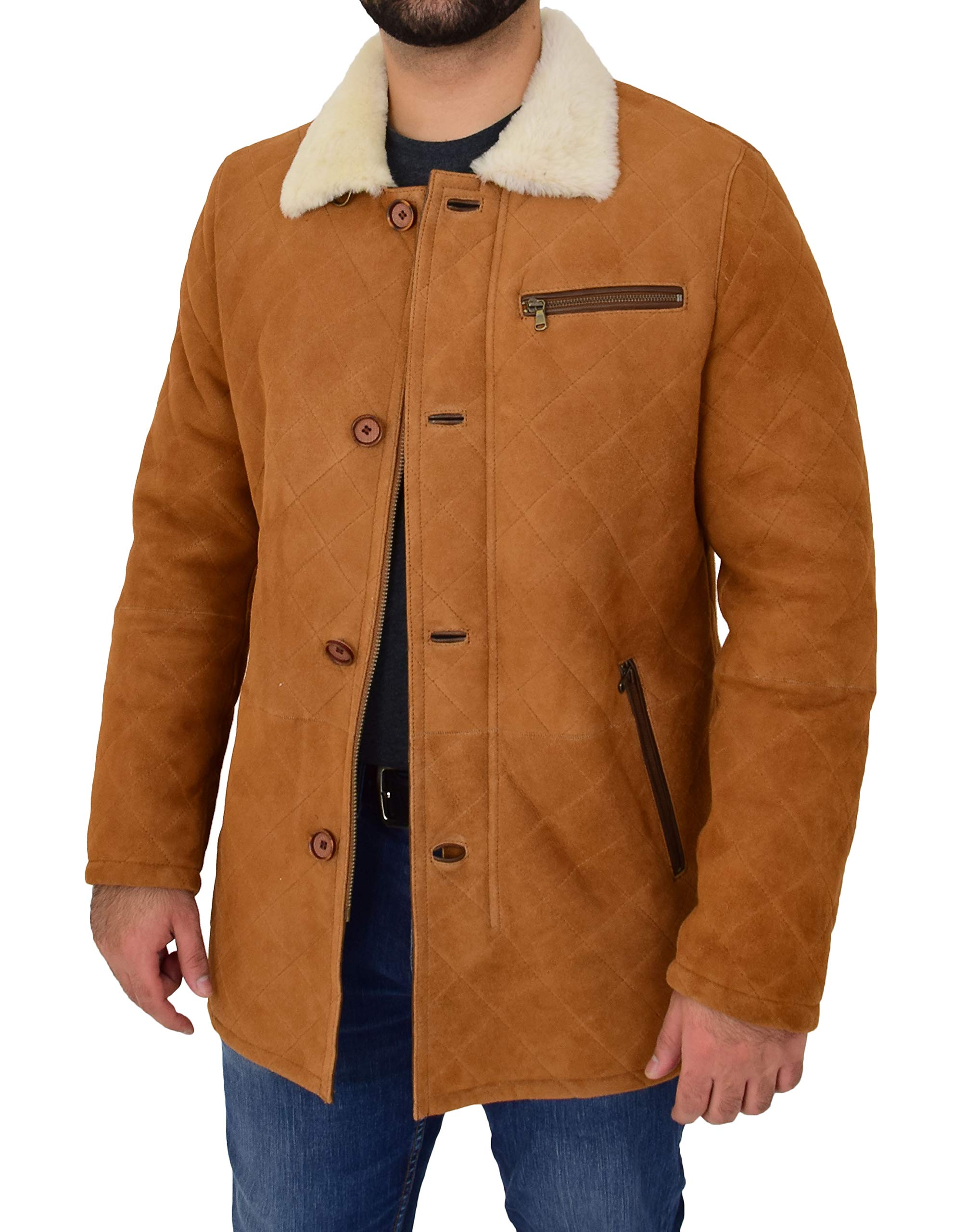 Mens Real Sheepskin Quilted Cross Stitch Shearling Jacket Edwin Tan White