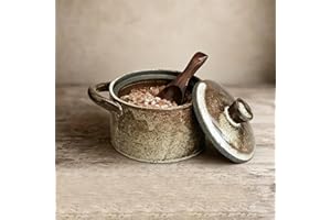SEICASAYA Artisan Speckled Ceramic Salt Cellar with Wood Spoon, Handcrafted Vintage Spice Jar, Multi-Purpose Storage, 250ml (