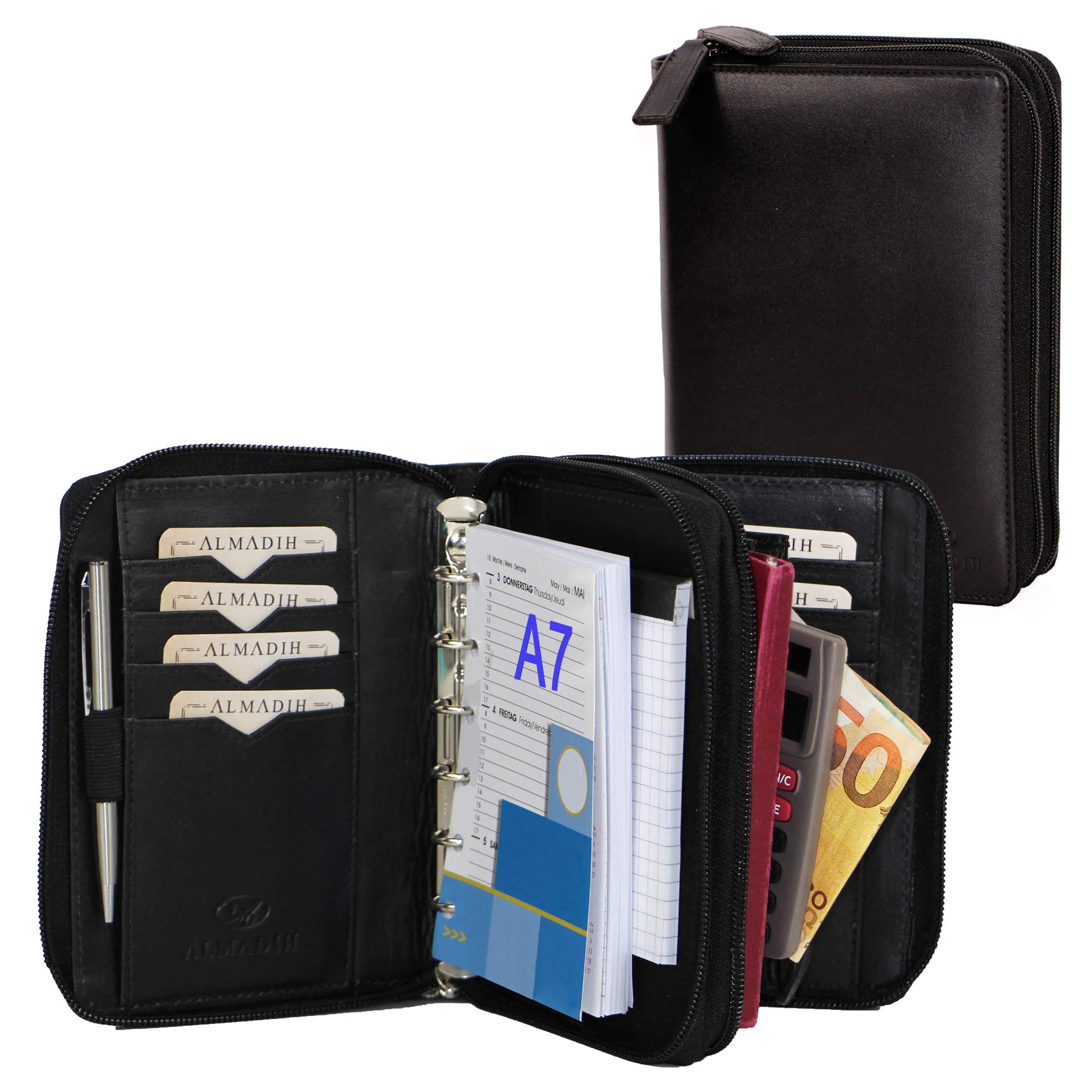 ALMADIH Leather A7 Organizer with 2 compartments, Double Zipper + Calendar 2025 + Writing Pad, Premium Cow Leather black - Personal Planner Conference Folder System Ring Binder Portfolio Workbook — image 1