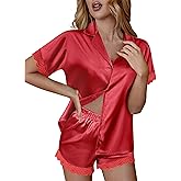 Ekouaer Womens Lace Satin Pajama Set Button Down Pj Shorts Set Bridesmaids Getting Ready Outfits Casual Sleepwear XS-XXL