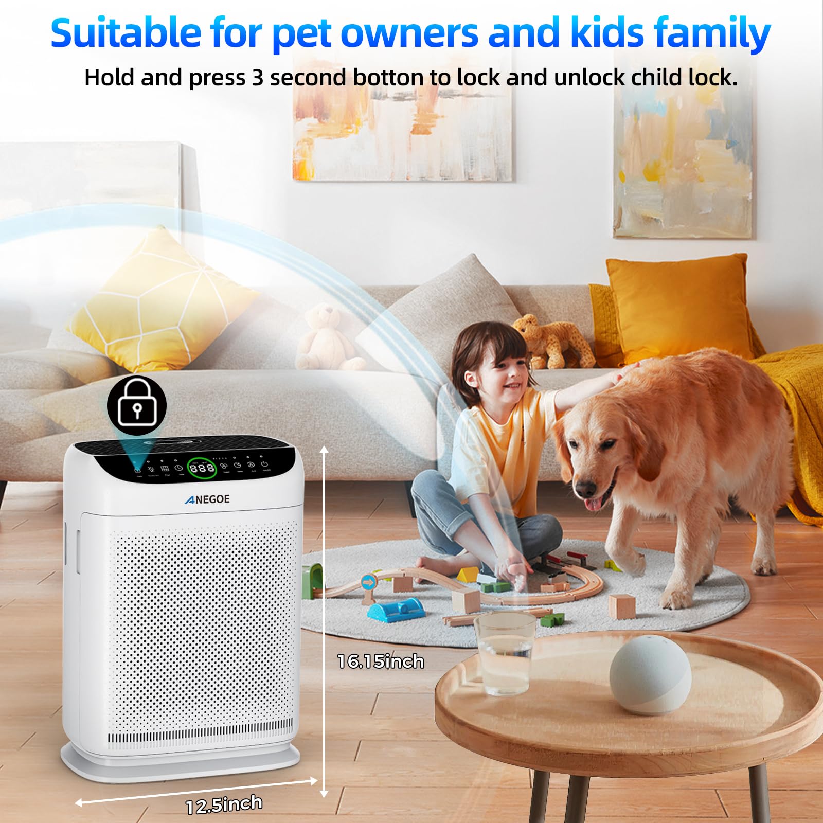 Air Purifiers for Home Large Room Up to 2500 Ft² With Double Air Intake,Washable Pre-Filters, AnEgoe Pet Air Purifier for Bedroom With Remote Control,HEPA Air Cleaner for Dust, Pets,White