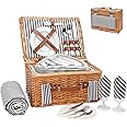 Wicker Picnic Basket Set for 2 Persons with Blanket,Handmade Willow Picnic Basket with Insulated Cooler & Cutlery Kit, Gift Basket for Couples,Valentine Day,Birthday, Wedding, Outdoor Party