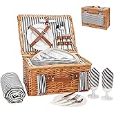 Wicker Picnic Basket Set for 2 Persons with Blanket,Handmade Willow Picnic Basket with Insulated Cooler & Cutlery Kit, Gift Basket for Couples,Valentine Day,Birthday, Wedding, Outdoor Party
