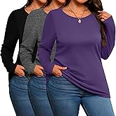 Evervibe 3 Pack Women's Plus Size Cotton Shirts, Scoop Neck Long Sleeve Casual Tops Form Fitting Knitted T-Shirts Blouses