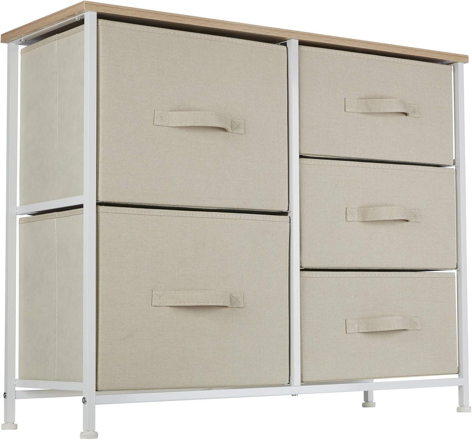 Ornavo Home 5 Drawer Wide Storage Dresser Tower Beige Organizer Unit For Hallway Entryway Sturdy Metal Frame Closets And Bedroom Linen Fabric Storage Bins With Pull Tabs Maple Wood Top Dressers Home