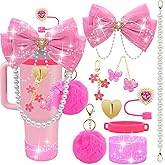 LBU Bling Stanley Cup Accessories for 40/30/20 oz Tumbler with Handle Including Glitter Bow Straw Topper, Heart Straw Cover, Pearl Water Bottle Handle Strap, Boot, Pom-Pom, Keychain Charms(Hot Pink)