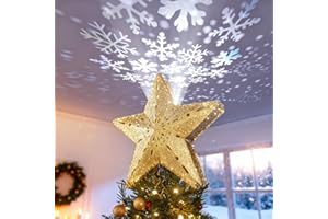 DG-Direct Christmas Tree Topper Lighted Star [Gold],3D Hollow Sparkling Star Christmas Tree Topper with Rotating Magic Cool White Snowflake Projector for Christmas Tree Ornament (Gold)