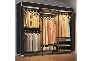 VIPEK V5L Garment Rack Heavy Duty Covered Clothes Rack with Dimmable LED Lights, 3000K Warm White, Portable Closet Wardrobe Freestanding Clothing Rack for Hanging Clothes, Black Rack with Black Cover
