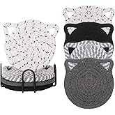 Cat Ears Coasters Set of 4 with Holder, Minimalist Handmade Braided Cotton Non-Slip Absorbent Cat Coasters for Drinks, Coffee Bar Accessories, House Warming Gifts for New Home (Grey)