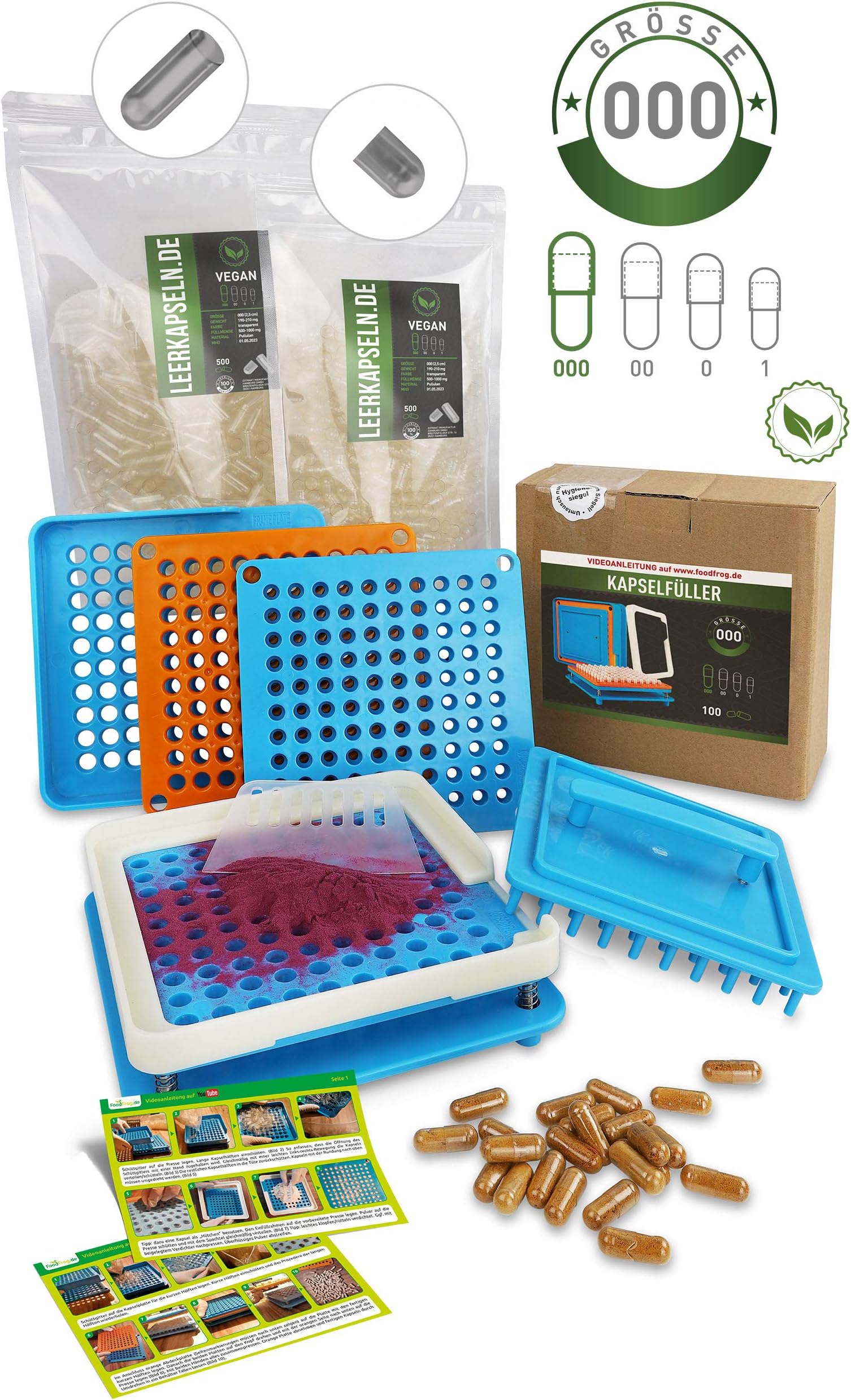 capsule filler + 500 empty capsules size 000 | separate PULLULAN capsule halves - no previous opening necessary | capsule filler [100 holes] for filling by yourself | filler machine