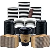 cuphug 100 Pack 12 oz Black Coffee Cups with Lids, To Go Paper Cups with Sleeves and Stirring Sticks, Insulated Disposable Coffee Cups for Hot/Cold Drinks and Daily Use