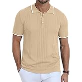 KUYIGO Men's Knit Hollow Out Polo Shirts Short Sleeve Button Collared Shirt Fashion Casual Summer Tops