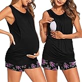 Ekouaer Women Maternity Nursing Pajama Set Breastfeeding Double Layer Pregnancy Pjs Set Sleeveless Top & Shorts with Pockets
