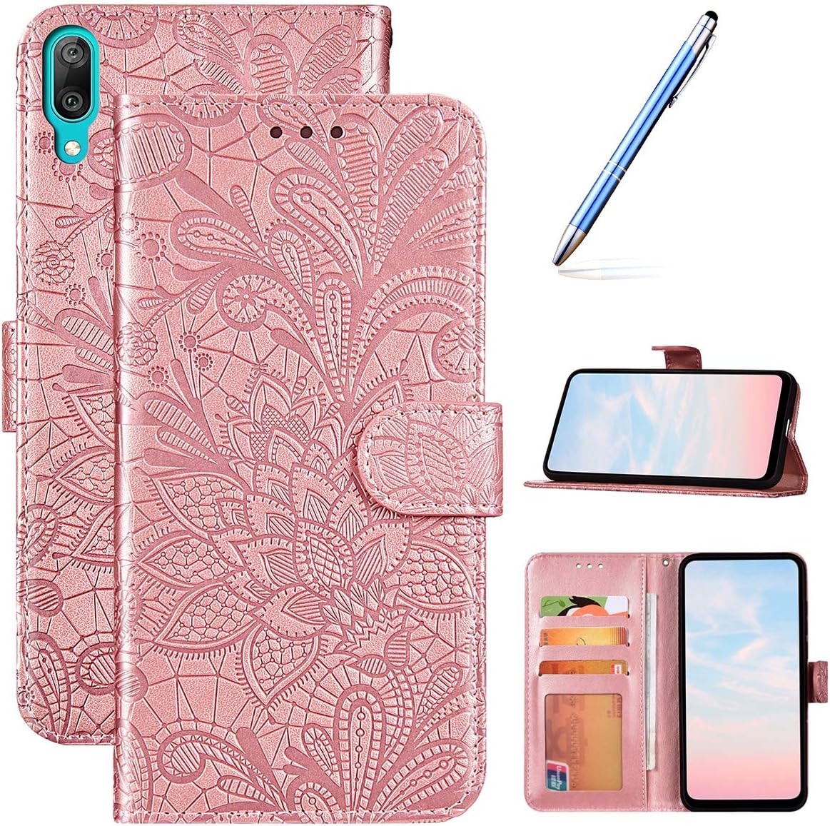 Robinsoni Case Compatible with Huawei Y7 2019 Phone Case Wallet Case Leather Phone Cover Shockproof Kickstand Case Notebook Cover Flip Stand Book Style Case Heavy Duty Case Lace Flower Rose Gold