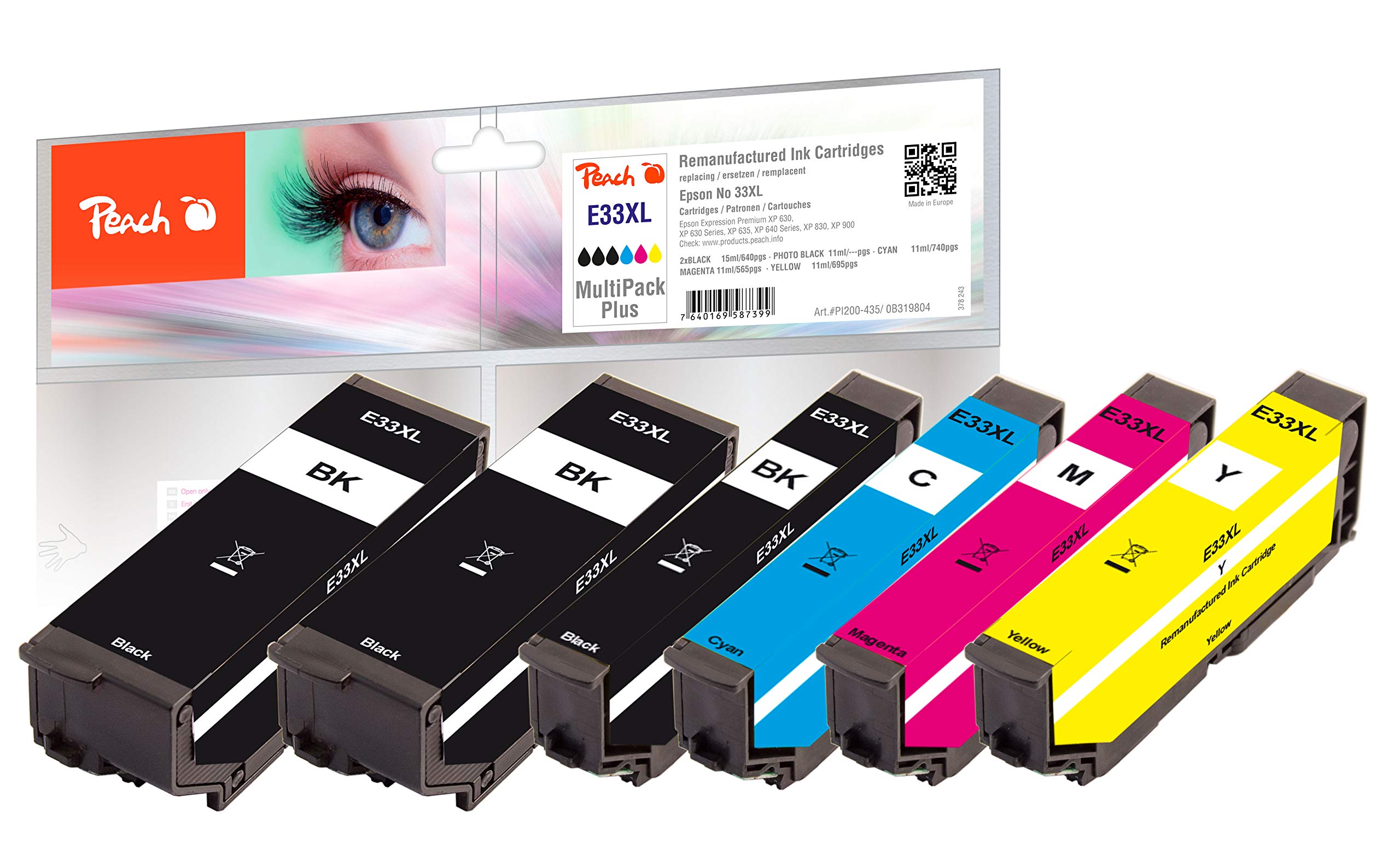 Peach E33 Printer Cartridges XL (2x BK, PBK, C, M, Y) Replaces Epson T3357, No. 33XL, C13T33574010 for e.g. Epson Expression Premium XP -530, Epson Expression Premium XP -630