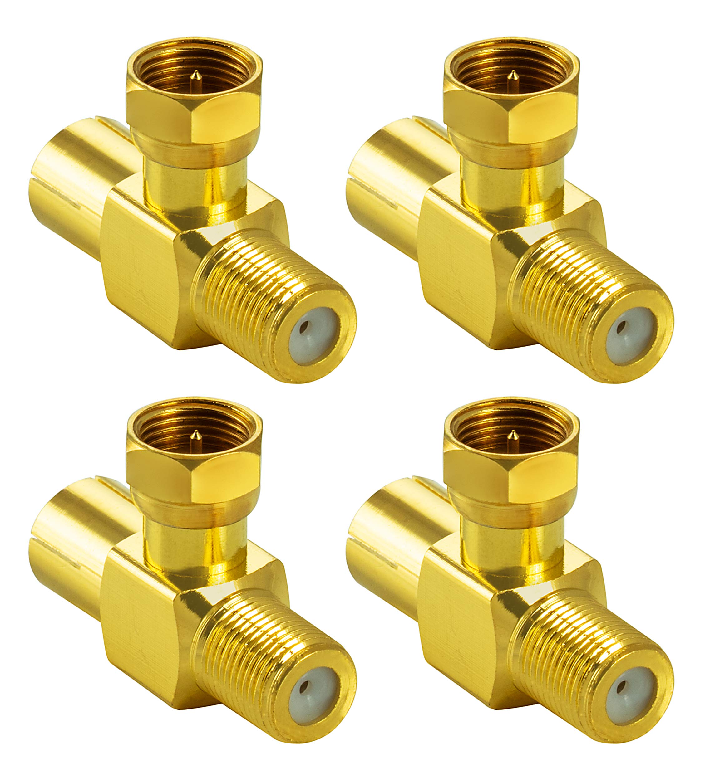 POPPSTAR 4x Sat TV Coax Adapter Distributor T-Piece (F-Connector to IEC Antenna Socket and F-Socket), Gold Plated