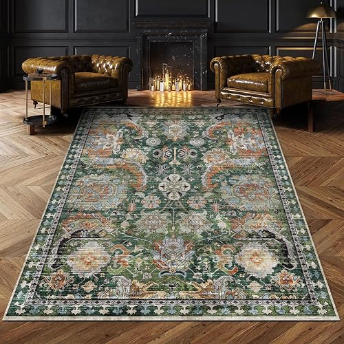 RUGSURE Washable Area Rugs - Perfect for Living Room, Bedroom, Kids Room, Nursery - Stain & Water Resistant Non-Slip, Pet & Child Friendly, Vintage Tribal Area Rugs (Green, 5' x 7')