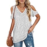 Sequin Tops Women Sparkly Shirt: Party Top Sparkle Shirts Glitter Cold Shoulder V Neck Blouses Evening Club Outfits