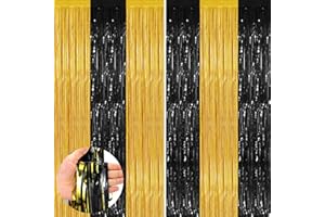 YEURFONTASY Black Gold 2 Pack Metallic Tinsel Foil Fringe Curtains, 3.3x8.3 Feet Black Gold Streamers for Party, Door Streamers Party Decorations, Party Streamers for Birthday Christmas Party Decorations