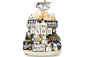 FUNNYMOOM 24 Pcs Christmas Tiered Tray Decor Set Winter Tiered Decorations Snowman Wooden Signs Snowflakes Table Centerpieces Without Tray Black White Farmhouse Frosty Snow Themed for Home Table