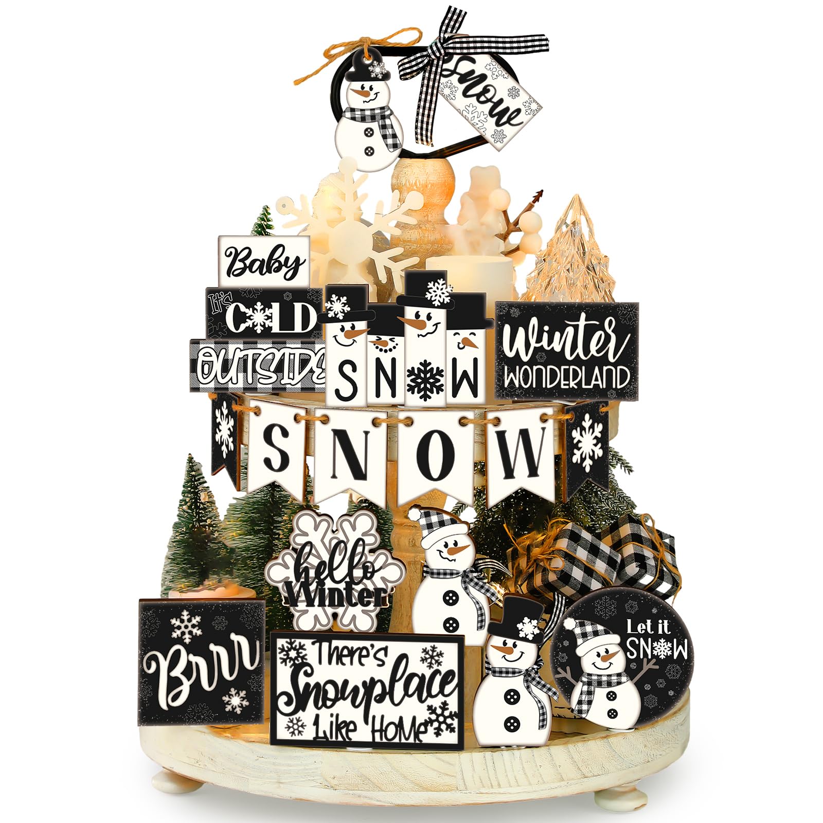 Photo 1 of 24 Pcs Winter Tiered Tray Decor Set Winter Tiered Decorations Snowman Wooden Signs Snowflakes Table Centerpieces Without Tray Black White Farmhouse Frosty Snow Themed for Home Table