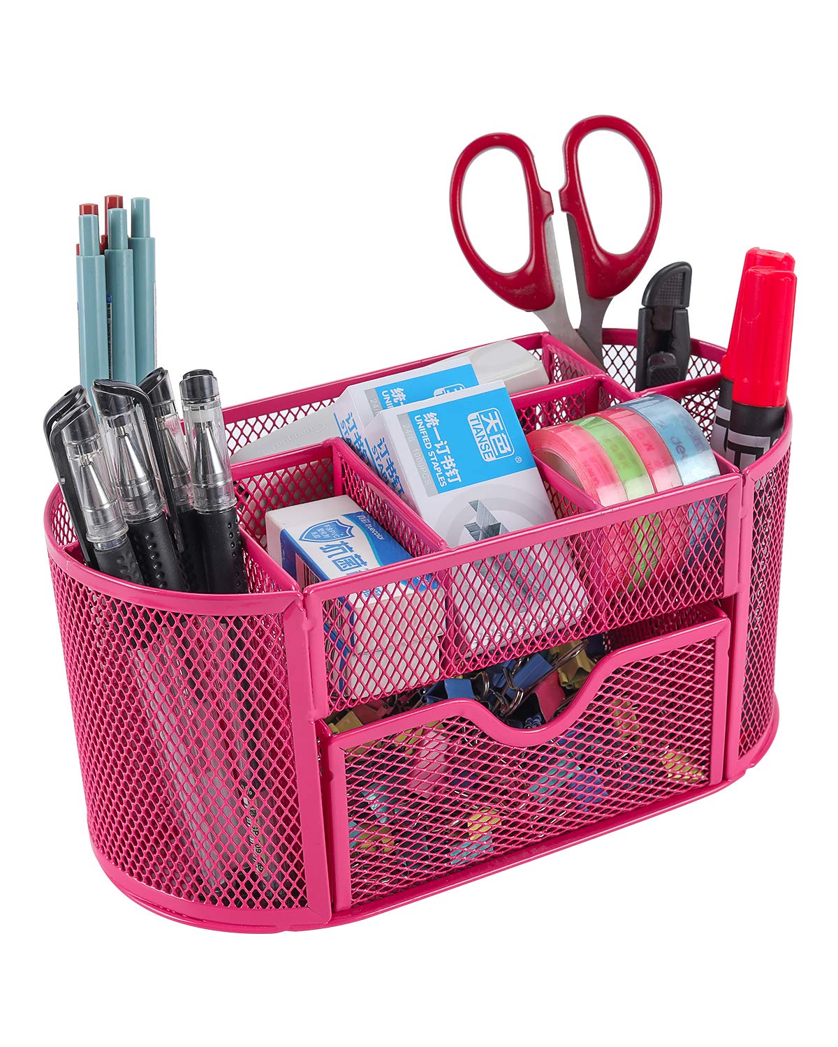 EasyPAG Office Mesh Desk Tidy Versatile Stationery Storage Desktop Organiser Pen Holder with Drawer,Pink