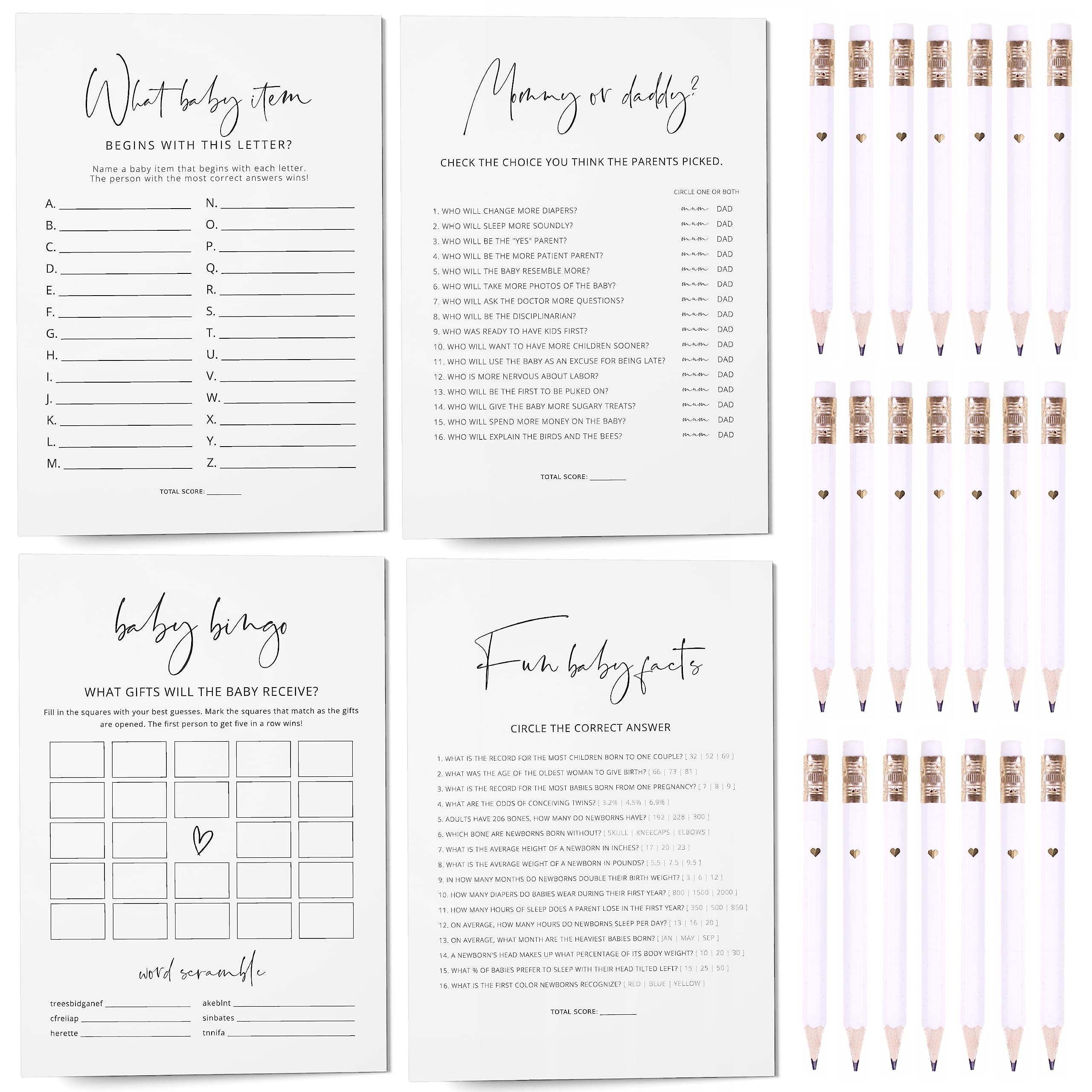 Photo 1 of Baby Shower Games, Set of 4 Minimalist Baby Shower Games for 30 Guests, Boy or Girl, 