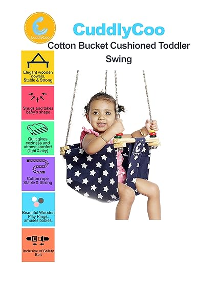 CuddlyCoo Cotton Bucket Cushioned Toddler Swing or Jhula for Baby with Play Rings and Blue Star