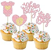 Ephlyn 24Pcs Happy Valentine's Day Oh Baby Cupcake Toppers Glitter Baby Feet Onesie Heart It's a Boy Cupcake Picks for Baby Shower Birthday Party Cake Decorations Supplies Pink