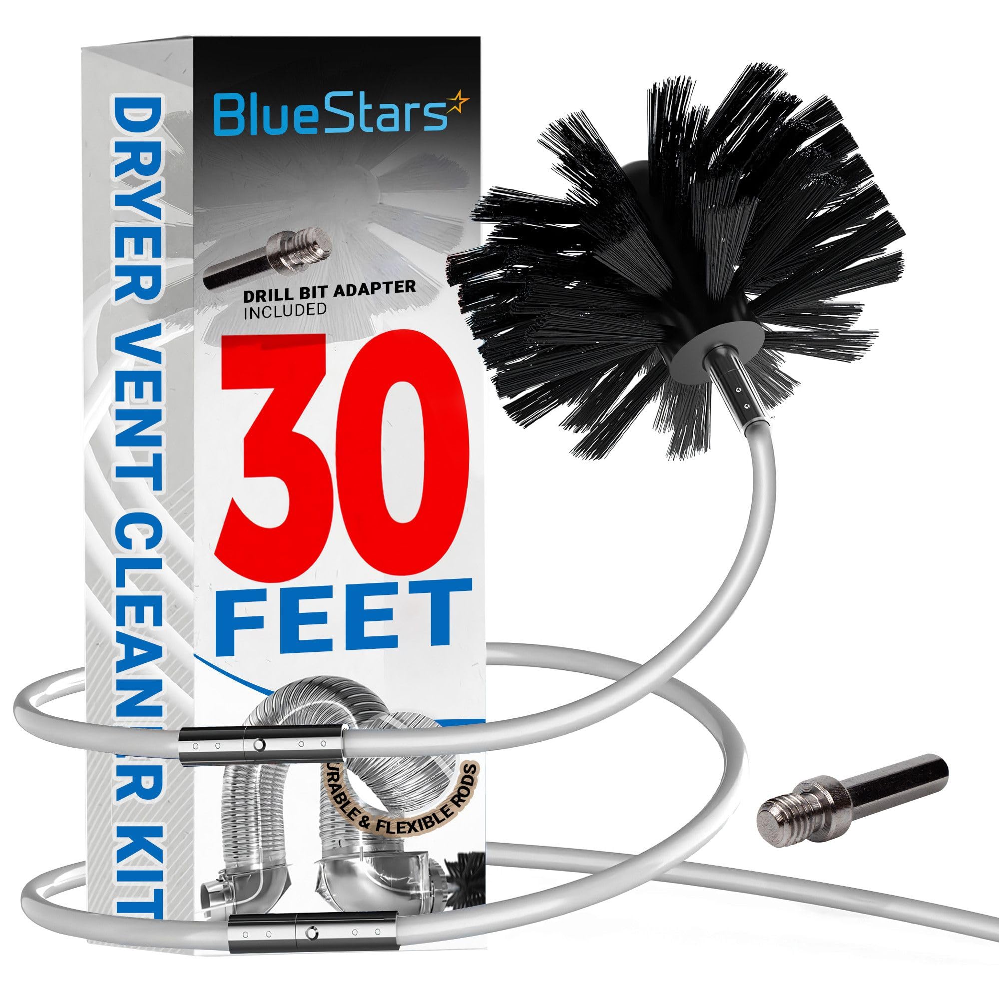 Photo 1 of BlueStars 30 Feet Dryer Vent Cleaner Kit with Drill Attachment - Extendable Dryer Vent Cleaner Kit with Brush & 22 Detachable Rods - Use with or Without a Power Drill