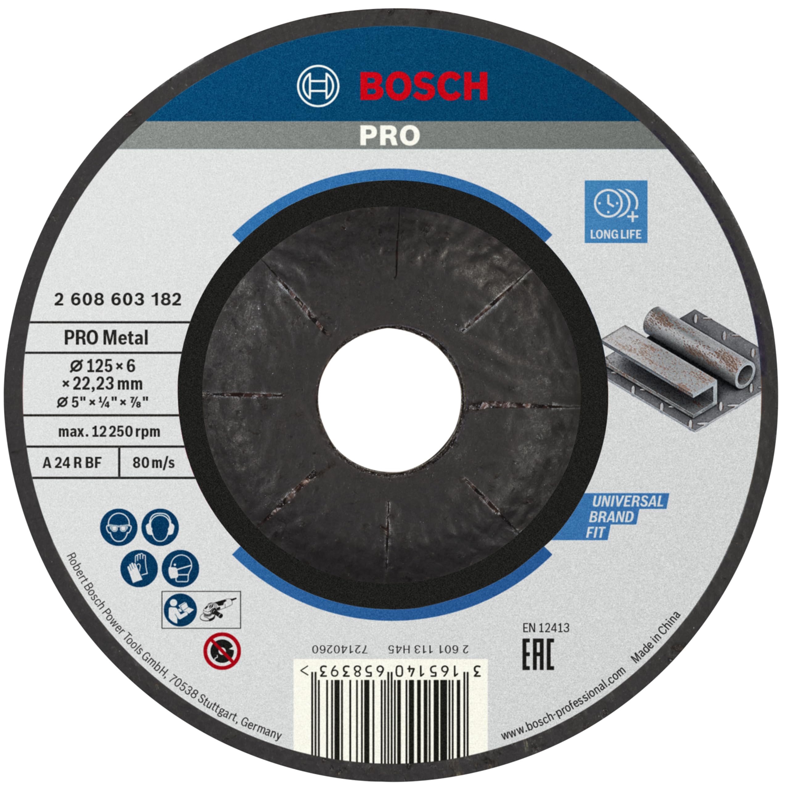 Bosch 1x PRO Metal Longlife Grinding Disc for Small Angle Grinder and Bore 22.23 mm (for Steel, Ø 125 mm, Professional Accessory Small Angle Grinder)