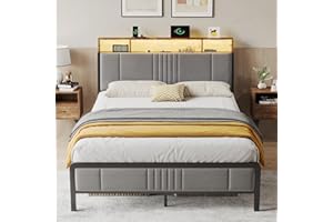 BedsPick Full Size Bed Frame with Ergonomic Headboard, Upholstered Metal Platform Bed Full with 2-Tier Storage, Charging Station, Smart LED Lights, Easy Assembly, No Box Spring Needed, Gray