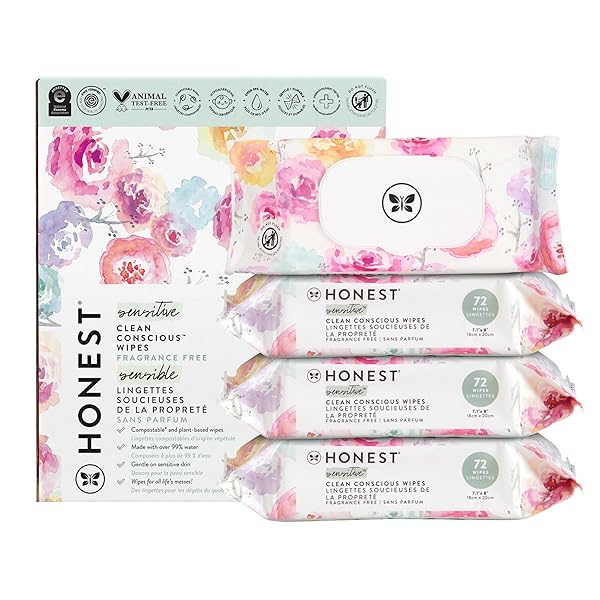 THE HONEST COMPANY CLEAN CONSCIOUS MULTI-USE WIPES | HYPOALLERGENIC + UNSCENTED FOR SENSITIVE SKIN | OVER 99% WATER, COMPOSTABLE, PLANT BASED, BABY WIPES | ROSE BLOSSOM, 288 COUNT