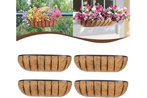 JFFLYIT 4 Pcs 24“ Railing Planter Window Box Deck Railing Planter Boxes with Coco Liner English Horse Trough Planter Metal Wall-Mounted Planter Basket for Outdoor Balcony Porch Fence Patio Rail
