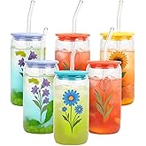 6 Pack Glass Cup with Silicone Lid and Straw 16OZ, Gifts for Women Drinking Glasses Set, Cute Iced Coffee Glasses Cups for Bar Accessories Aesthetic Glass Tumbler for Beer Tea Not Dishwasher Safe