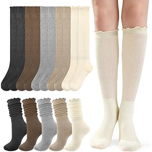 KKuSoxyy 5 Pairs Women Ruffle Knee High Boot Socks, Slouch Frilly Socks | Ruffled Knee-High Boot Socks, 77% Cotton Slouch Fit