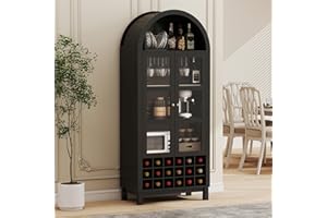 EAG 72" Tall Arched Wine Cabinet with Glass Door, Rustic Coffee Bar Storage Cabinet with Wine Rack, Storage Shelves Large Liquor Cabinet for Dining Room, Kitchen Black