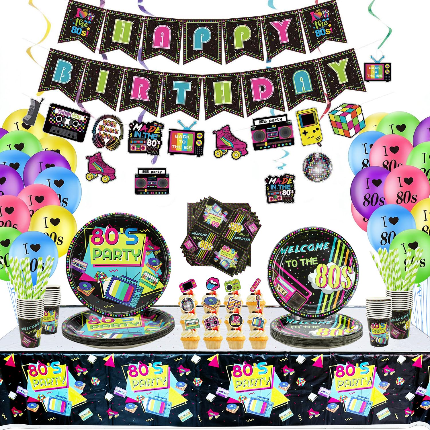 80s Party Supplies - Back to the 80s Party Decorations Set Including Hanging Swirls, Plates, Cups, Napkins, Tablecloth, Banner, Balloons - Serves 20
