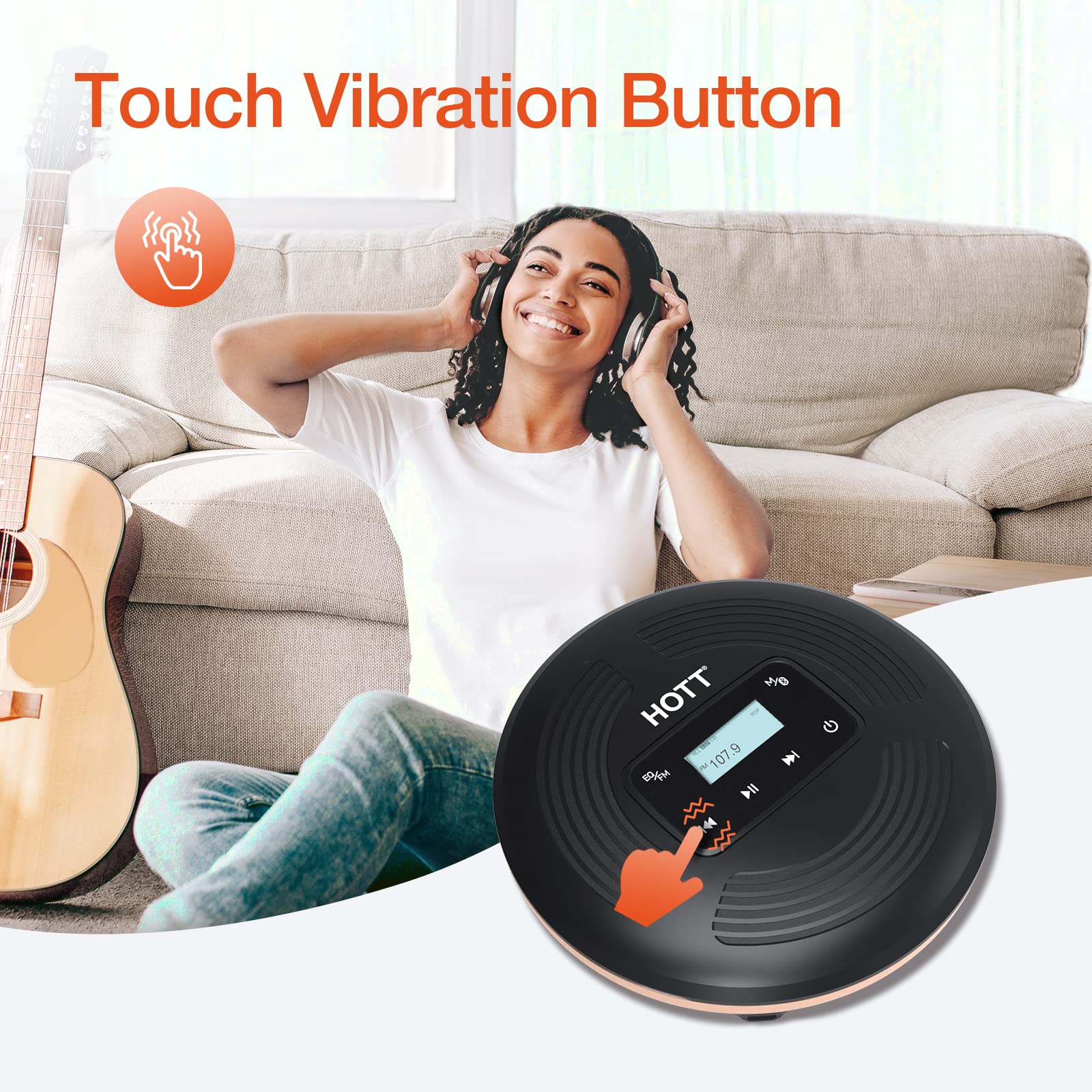 HOTT Portable CD Player with Bluetooth and FM Transmitter with Touch Buttons Backlight,Rechargeable Discman Player with AUX Cable,CD Player Shockproof for Car CD903TF