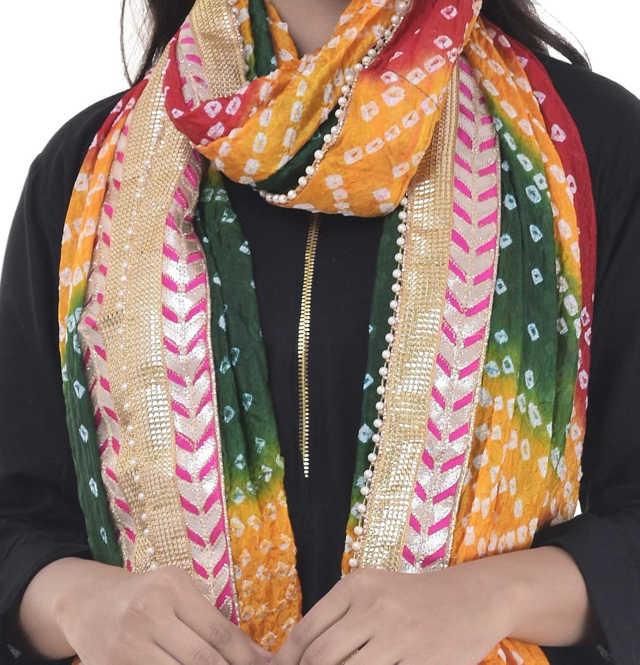 dee desi women's bandhej gota embroidered art silk dupatta