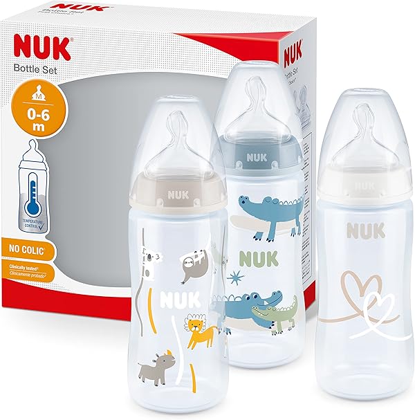 NUK First Choice+ Babyflasche im Set | 0–6 Monate | Temperature Control Anzeige | 300 ml | Anti-Colic-Ventil | BPA-frei | Trinksauger aus Silikon | 3 Stück | Safari