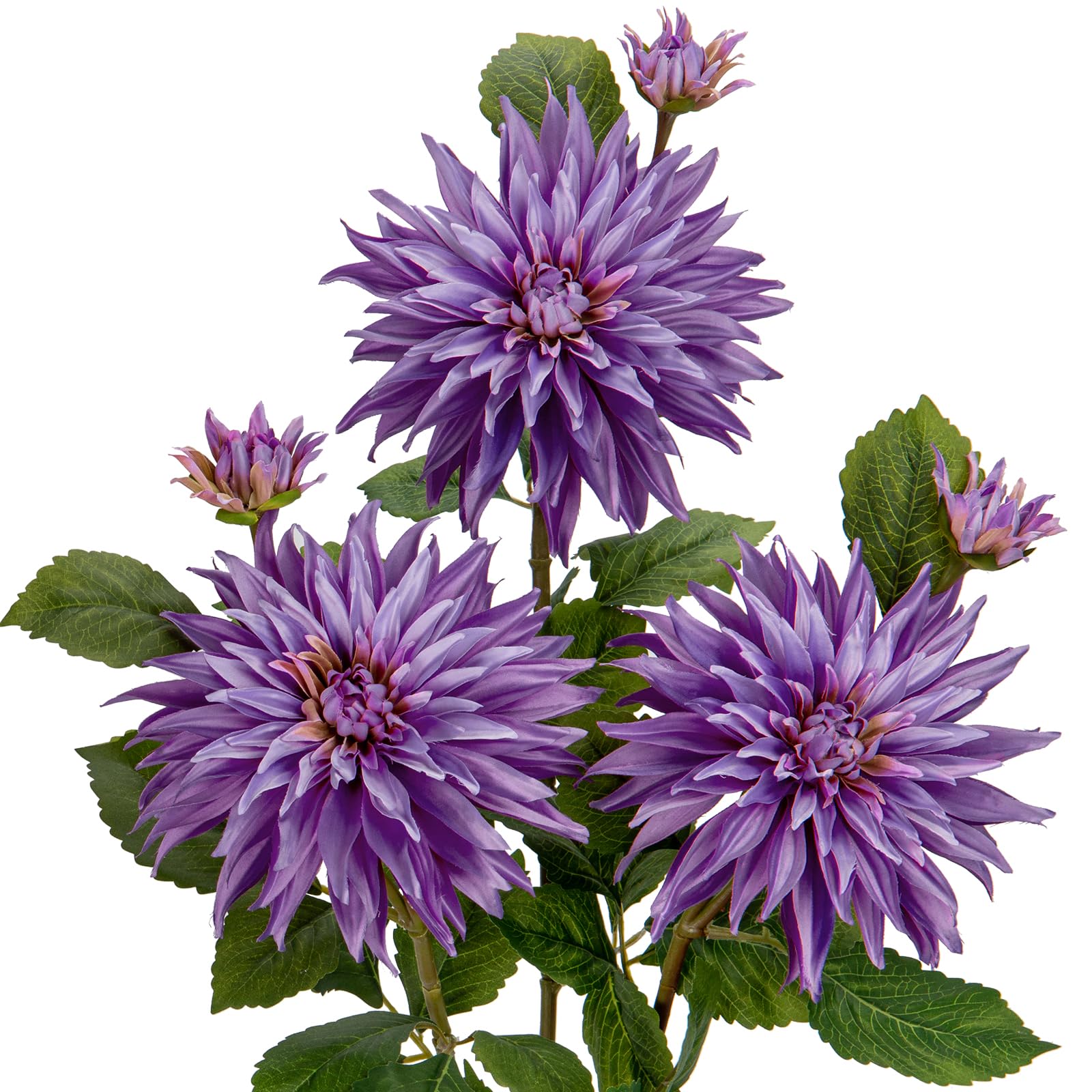 7.5'' Large Artificial Dahlia Flowers with Long Stems, 3pcs Purple Fake Flowers and 3pcs Decorative Faux Buds, Floral Arrangements for Home Decor, Living Room, Kitchen, Wedding, Party Decorations — image 1