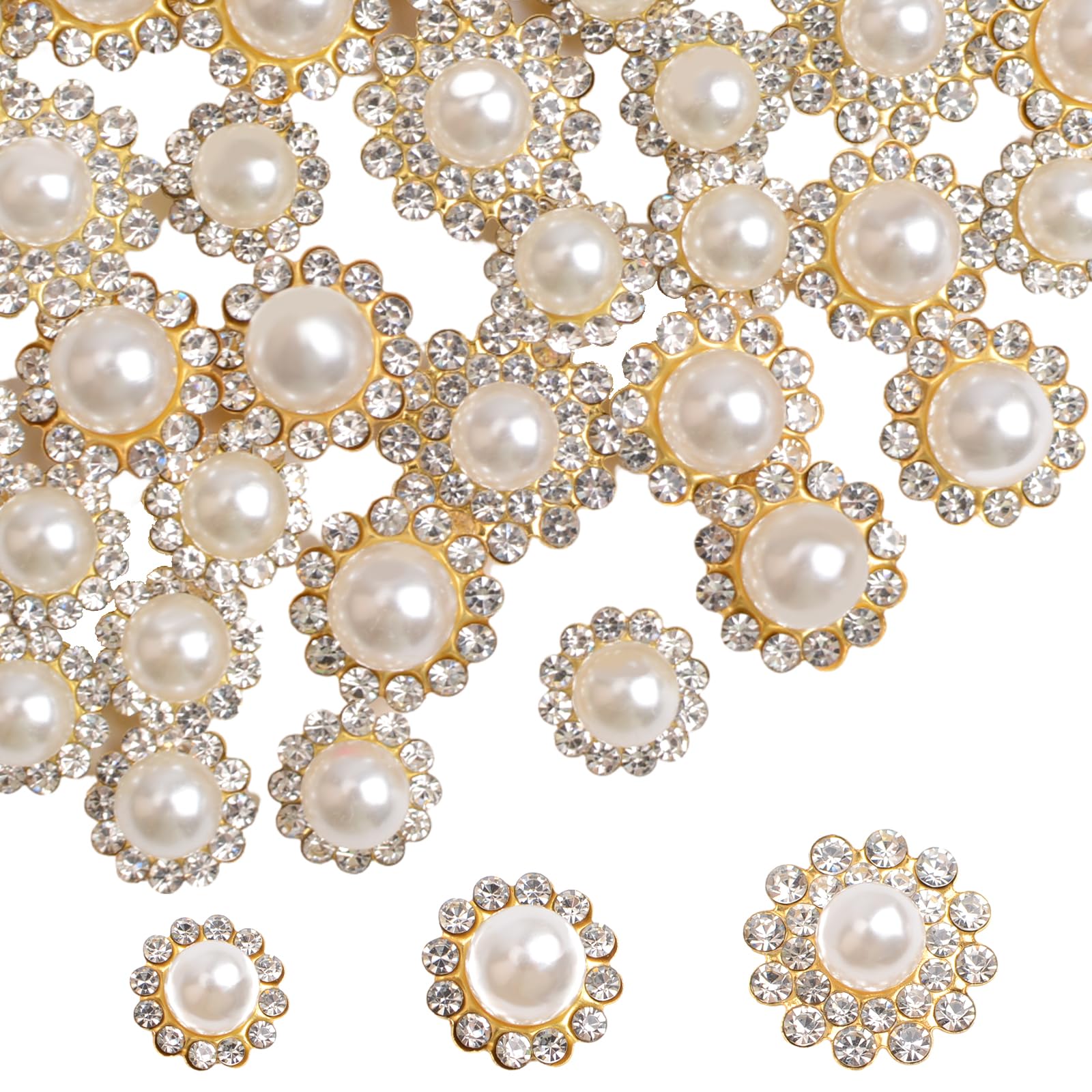 URROMA Faux Pearl Buttons 150 Pcs Flat Flower Crystal Buttons for Diy/Jewelry Making/Wedding Bridal Bouquet/Party/Home Decoration,Three Sizes