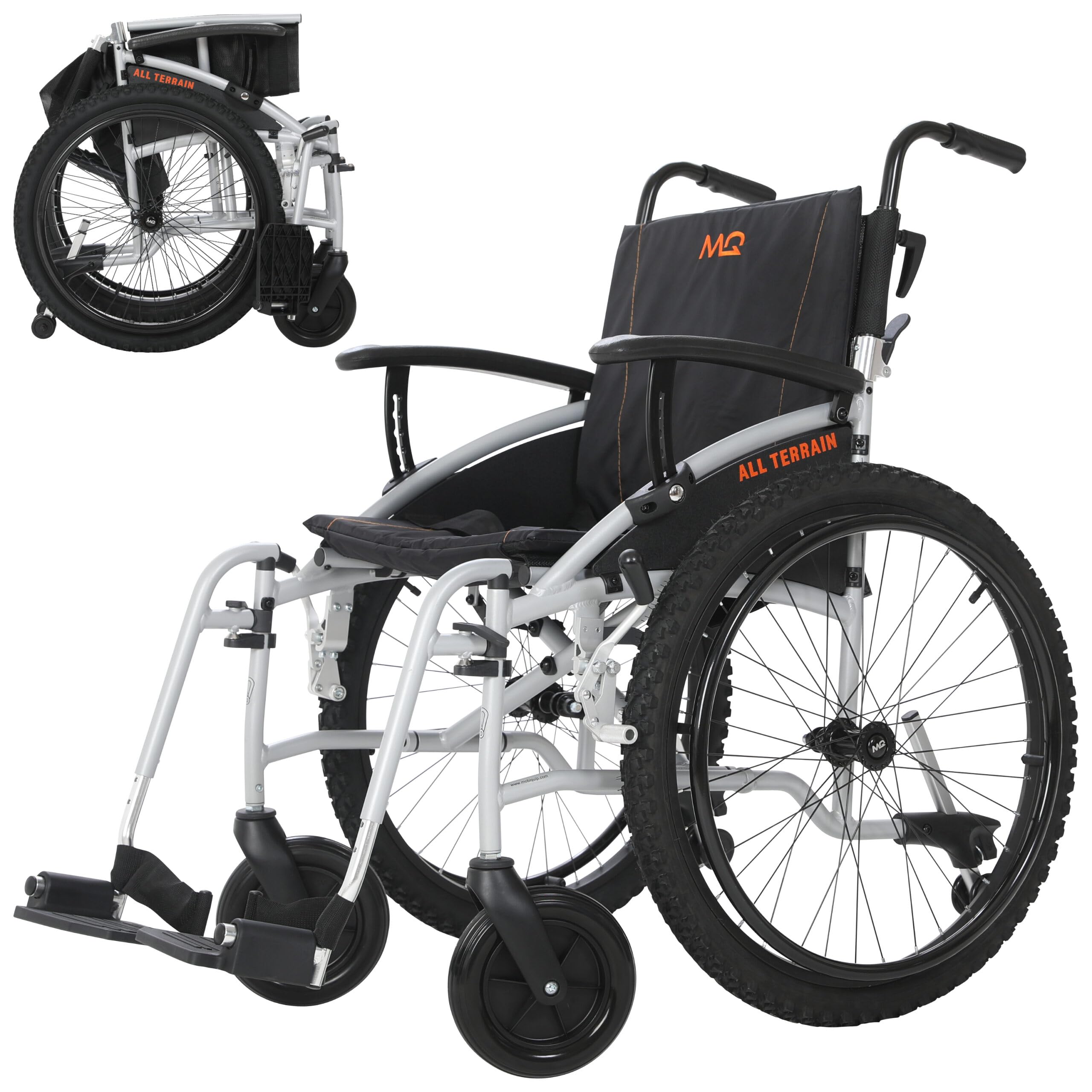 MobiQuip All Terrain Adult Wheelchair, Self-Propelled - 12.5kg Lightweight, Aluminium Frame - Silver, Standard 18" Seat - Easy-Fold & Quick Release - 24" Pneumatic Tyres - Customisable Support