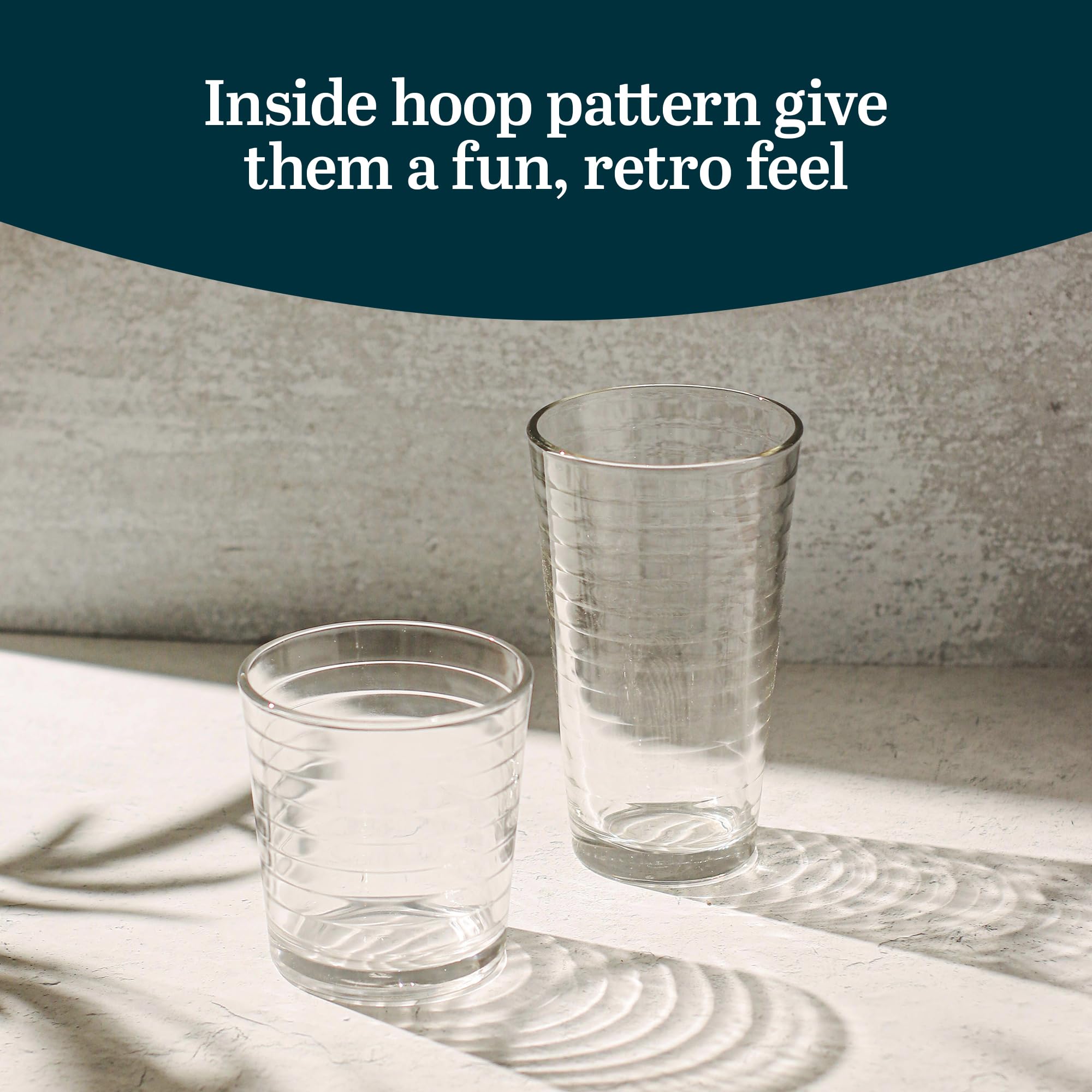 Libbey Hoops Tumbler and Rock Glass Set, Two Sized Nostalgic Retro Glass Cups Set, Dishwasher Safe Glasses Drinking Set of 16 for Any Occasion